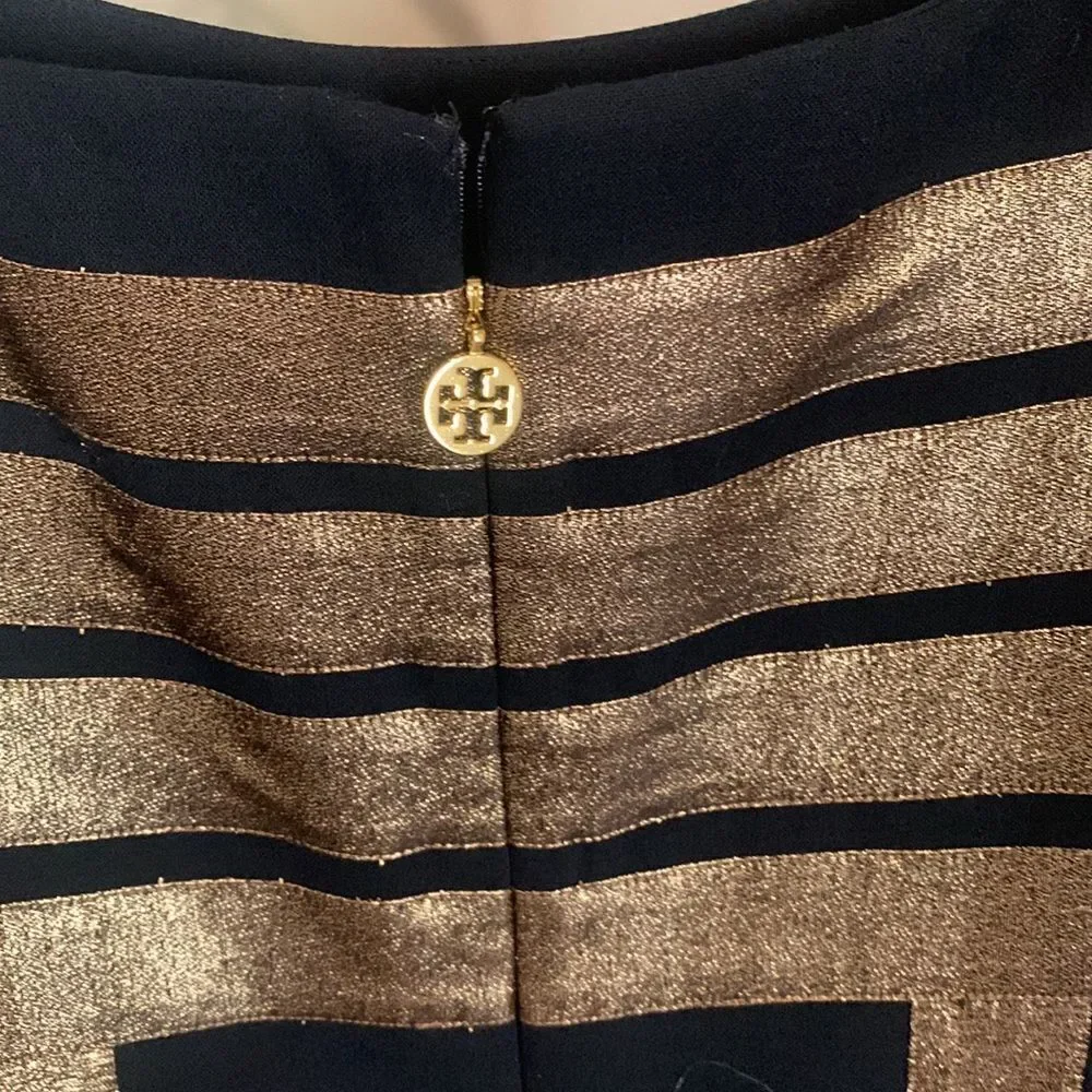 Tory Burch Black and Gold Striped Midi Dress